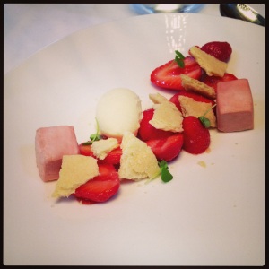 Macerated gariguette strawberries with shortbread and lemon verbena ice cream